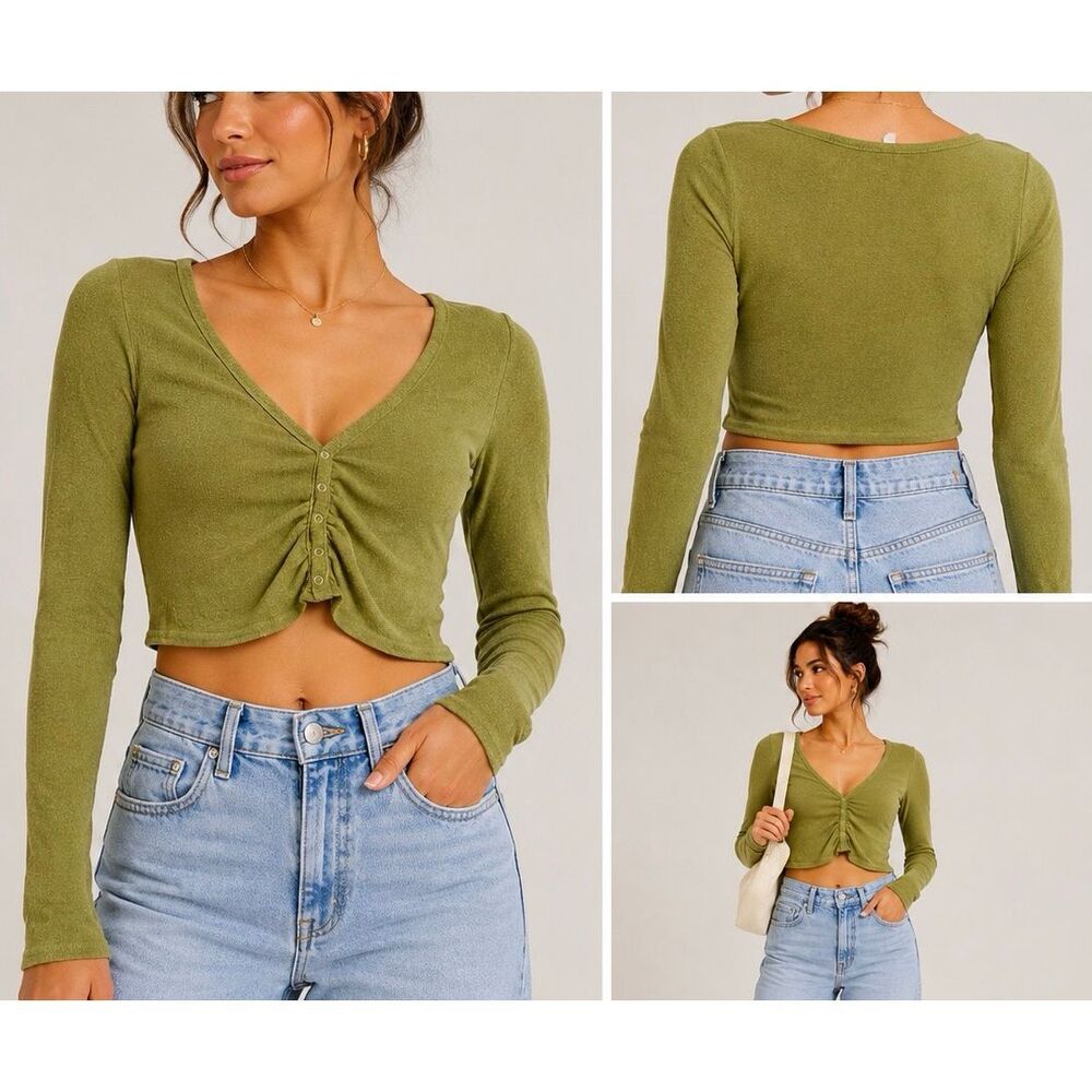Me To We Olive Green Ruched Crop Top XS Long Sleeve Boho Y2K